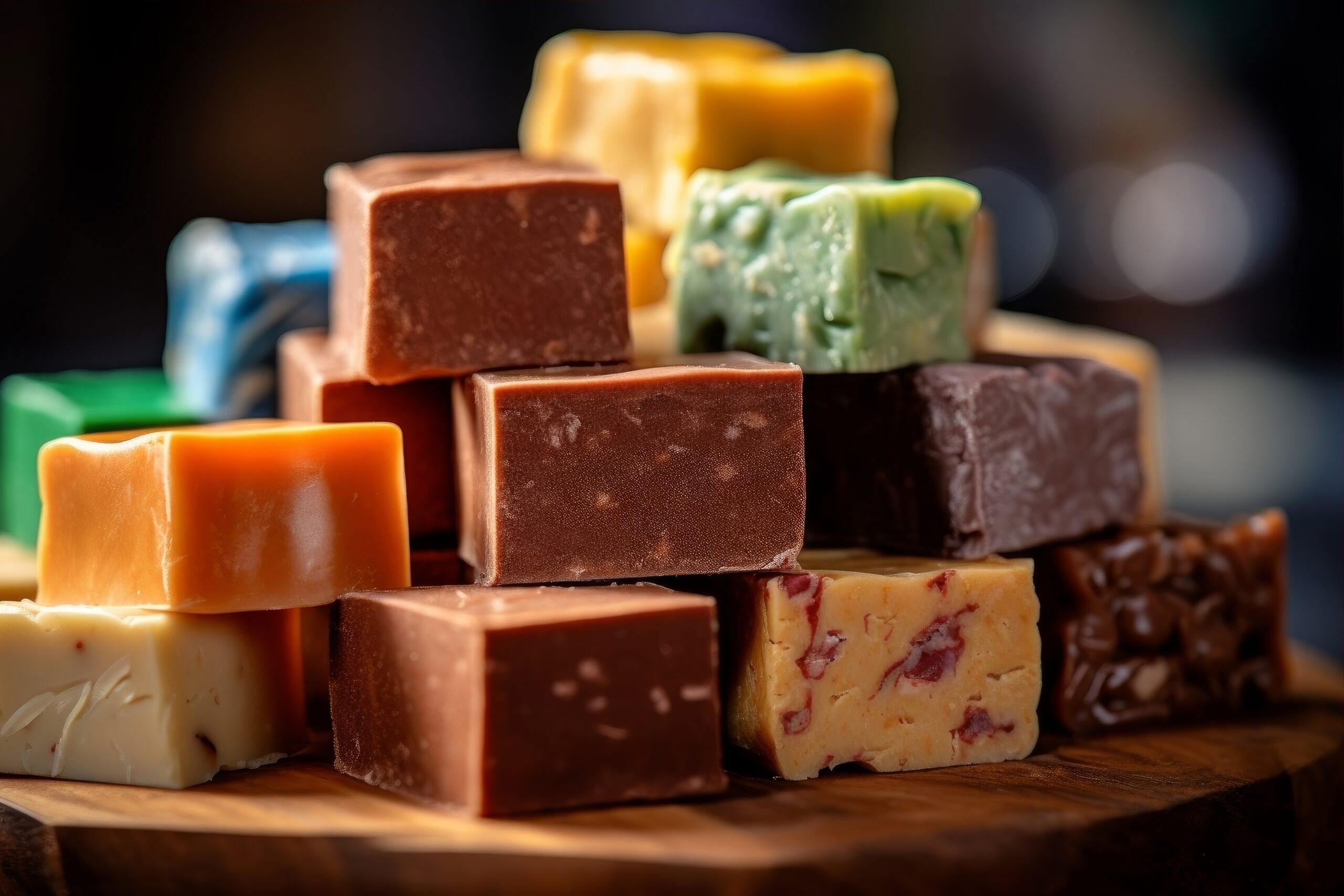 an assortment of fudge pieces in various tasty flavours