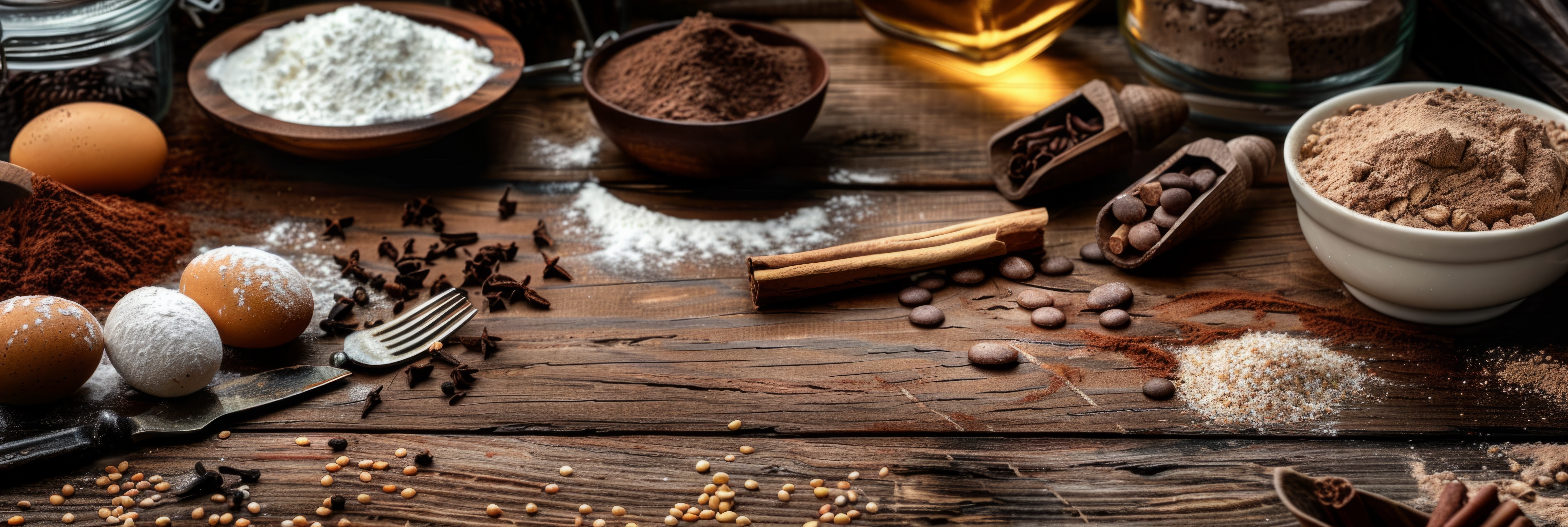 Baking Ingredients: Where Every Sweet Moment Begins Baking ingredients on rustic wood table - A rustic array of baking ingredients layout on a wooden surface, illustrating the baking process